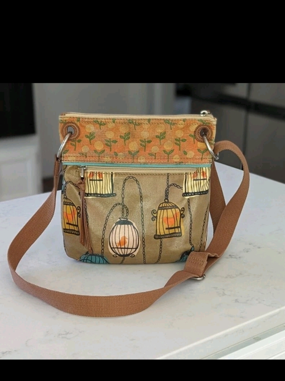 Fossil Women's Tan Key-Per Bird Cage Crossbody Bag